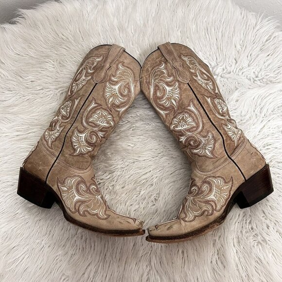 Corral Floral Full Stitched Cowboy Boots Beige Pull On Pointed Toe Leather 9.5 B - Picture 8 of 12